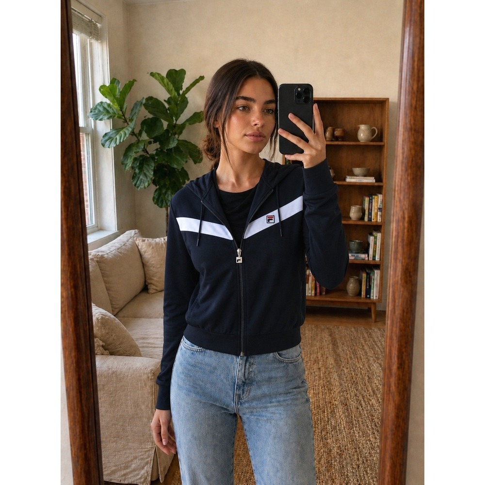 Fila Womens Athletic Hoodie M Black Full Zip Jacket Sporty Activewear Athleisure